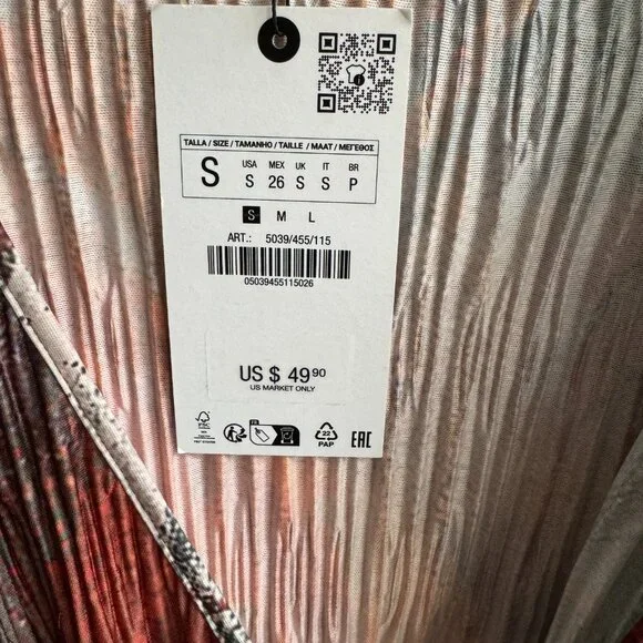 NWT Zara V-Neck Printed Pleated Self Tie Kimono Top Sz: Small - Picture 6 of 8